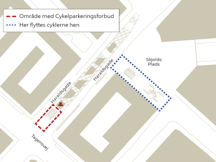Kort af metrostationen 'Skjolds Plads', omkranset af Tagensvej, Haraldsgade og Skjolds Plads. Området med cykelparkeringsforbud, ligger i Haraldsgade. Området med ledige cykelstativer ligger på Skjolds Plads.