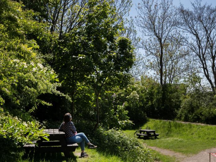 En kvinde nyder den grønne natur på en bænk oppe på Christianhavns  Vold
