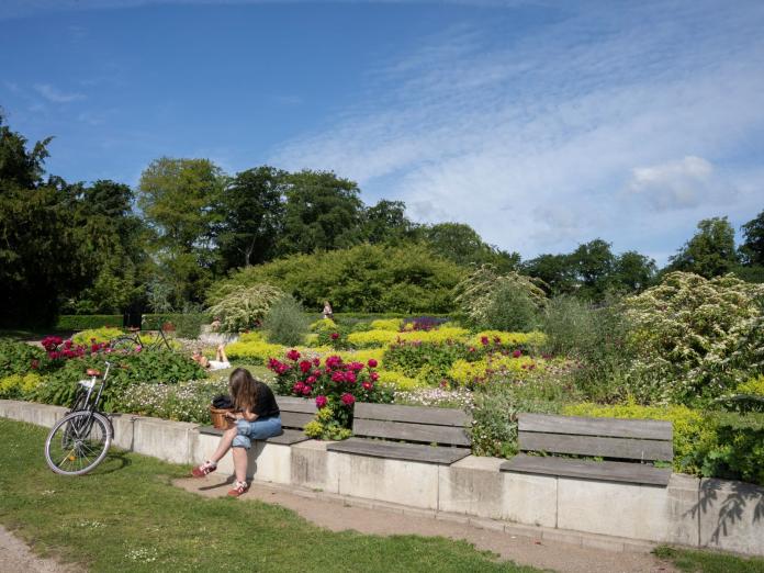 En pige sidder omgivet af blomster på en bænk, tæt på Fælledparkens sø