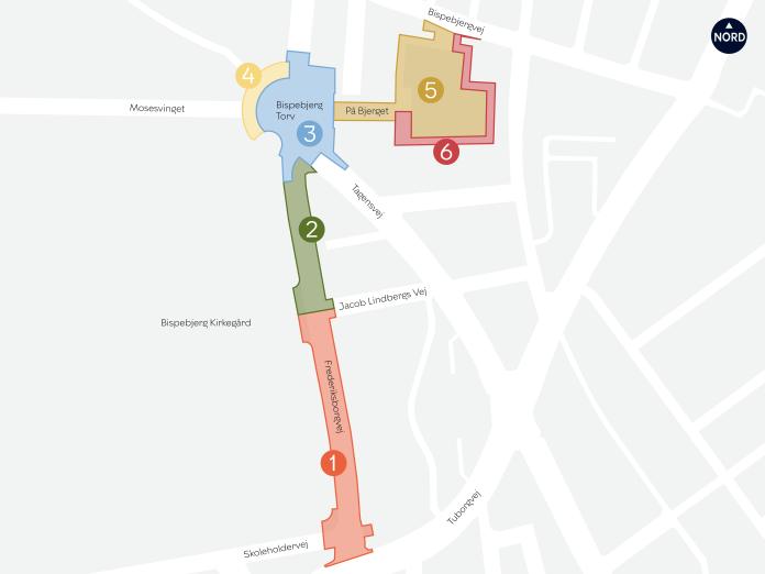 Kort over området, hvor de seks etaper er fremhævet. Etaperne er beskrevet under overskriften "Info om etaperne".