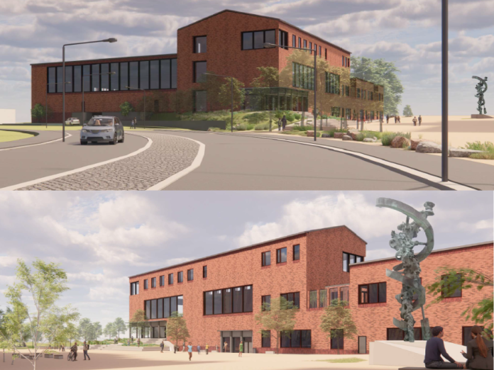 Skolebygning set fra to vinkler.