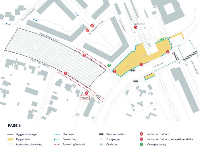 Kort over anlægsarbejde i etape 6 med markering af arbejdsområder, omkørsler og adgangsveje.