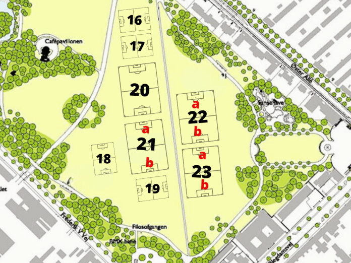 Baneoversigt i Fælledparkens sydlige del