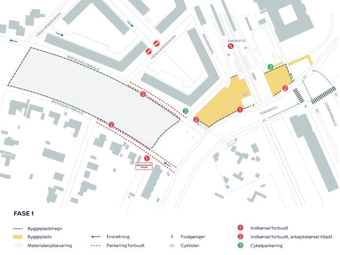 Kort over anlægsarbejde i etape 1-2 med markering af arbejdsområder, omkørsler og adgangsveje.
