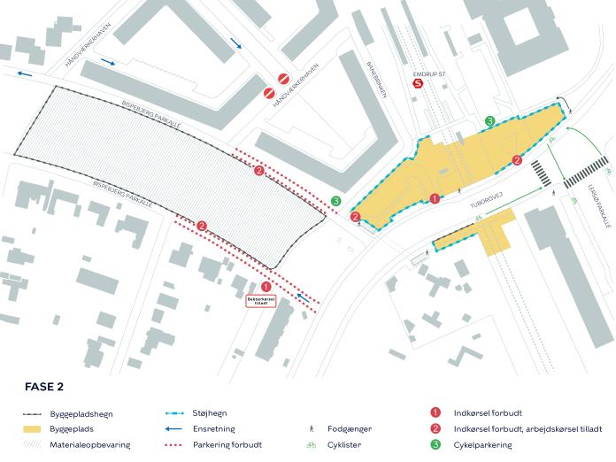 Kort over anlægsarbejde i etape 2 med markering af arbejdsområder, omkørsler og adgangsveje.