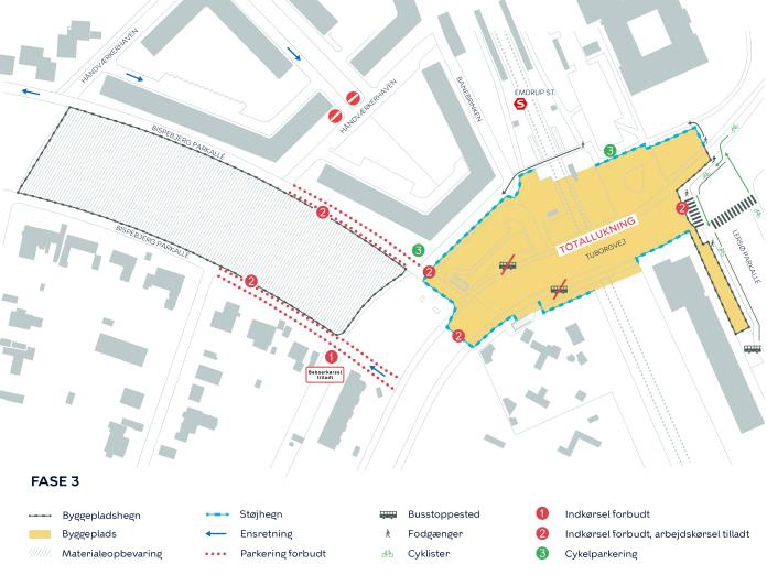 Kort over anlægsarbejde i etape 3 med markering af arbejdsområder, omkørsler og adgangsveje.