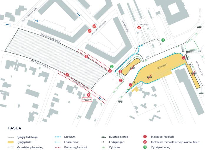 Kort over anlægsarbejde i etape 4 med markering af arbejdsområder, omkørsler og adgangsveje.Kort over anlægsarbejde i etape 4 med markering af arbejdsområder, omkørsler og adgangsveje.