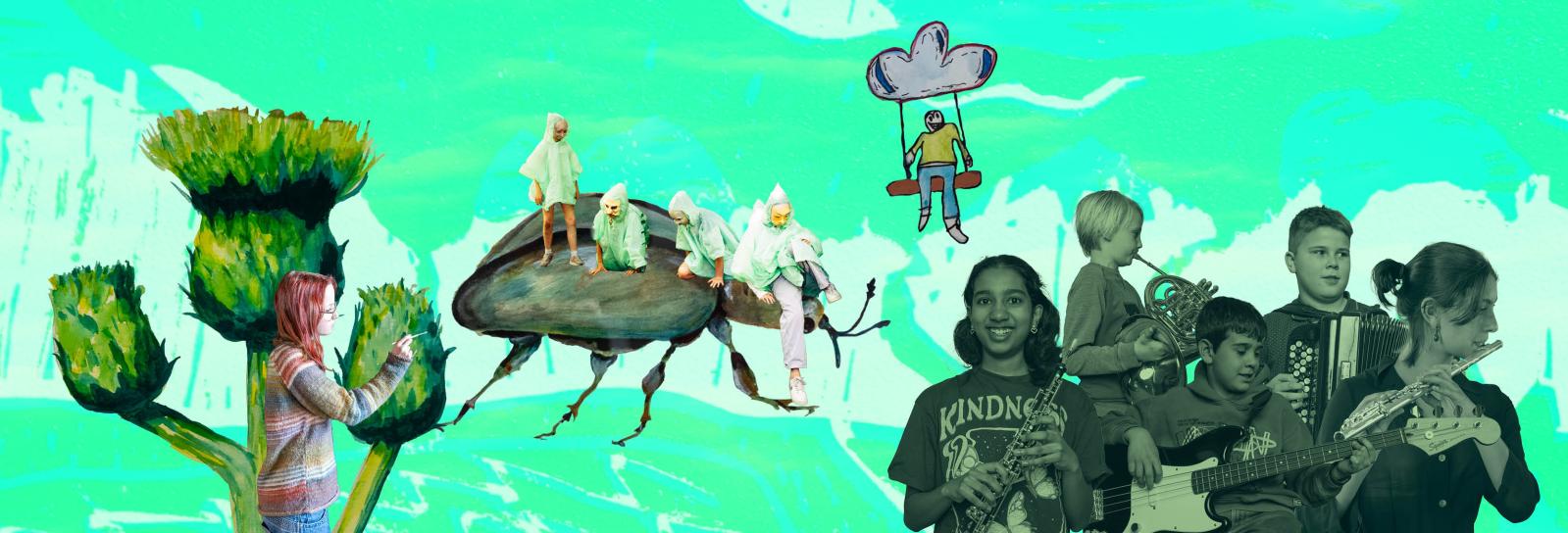 collage af børn der spiller instrumenter, teater og maler.