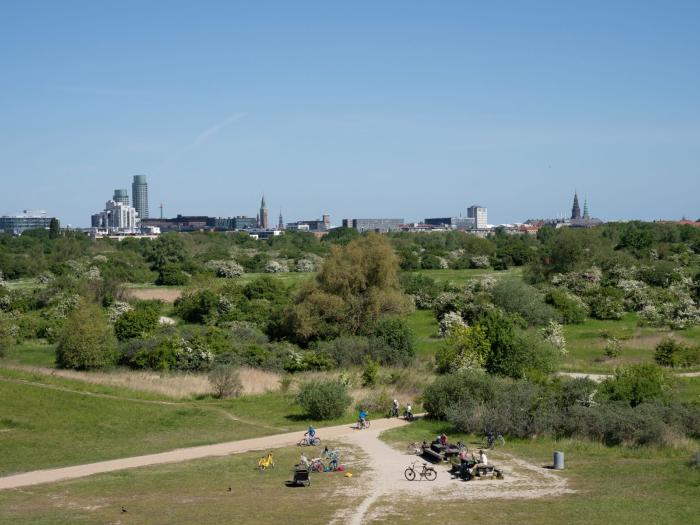 Amager Fælled. Cykler og mennesker ved højene med byens skyline i baggrunden.