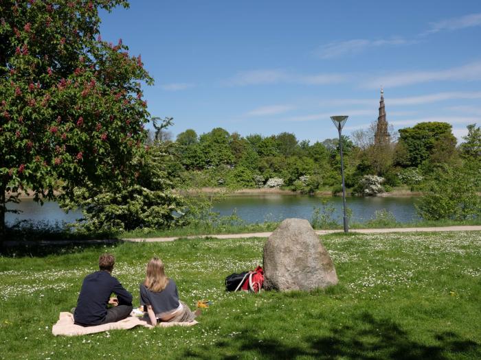 En ung mand og kvinde sidder i græsset ved vandet med kig til Frelserkirken