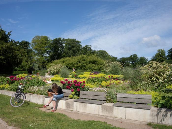 En pige sidder omgivet af blomster på en bænk, tæt på Fælledparkens sø