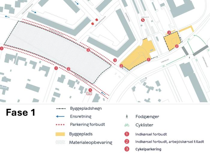 Kort over anlægsarbejde i etape 1-2 med markering af arbejdsområder, omkørsler og adgangsveje.