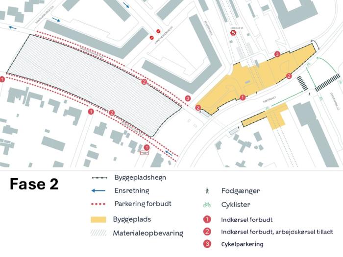 Kort over anlægsarbejde i etape 2 med markering af arbejdsområder, omkørsler og adgangsveje.