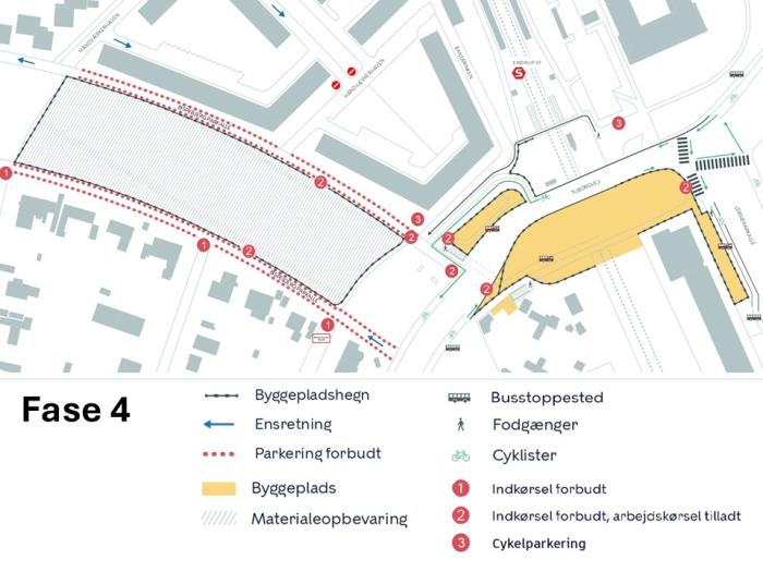 Kort over anlægsarbejde i etape 4 med markering af arbejdsområder, omkørsler og adgangsveje.