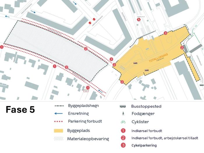 Kort over anlægsarbejde i etape 5 med markering af arbejdsområder, omkørsler og adgangsveje.