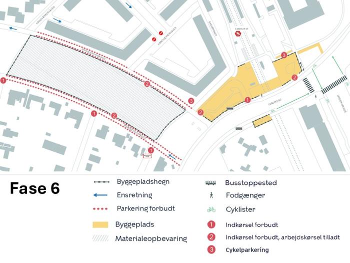 Kort over anlægsarbejde i etape 6 med markering af arbejdsområder, omkørsler og adgangsveje.